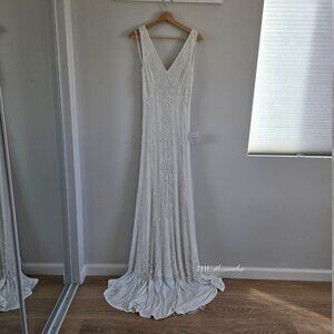 Lulus Passionate Romance Beaded Sequin Mermaid Maxi Dress White Medium New $318